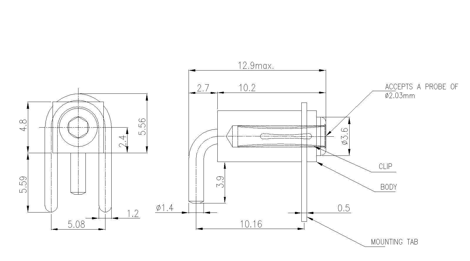 Horizontal Jack Tip (Test Point) for Ø2.03, Square Body, with Mounting Tab, Gold Plated(P8025A12-32) - Image 2