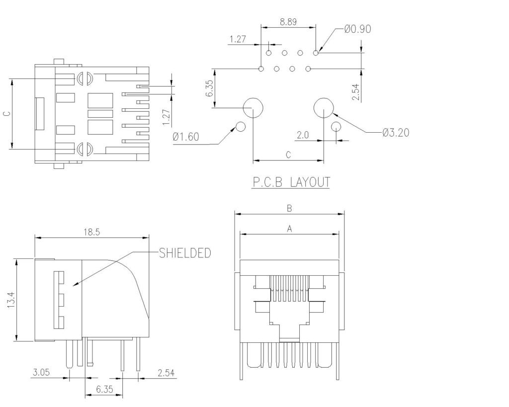 Modular Jack, Side Entry, Low Profile With Flange, Partial Shielded 