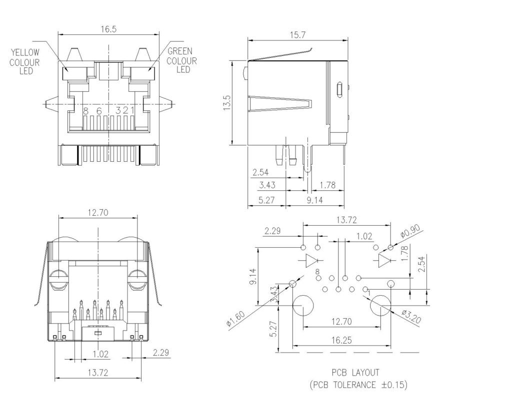 Modular Jack,Shielded, Single port,Side Entry,with led, with panel ...